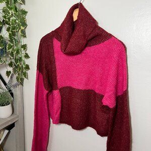 Wild Fable Pink and Burgundy Colorblock Cropped Turtleneck Sweater Size Small